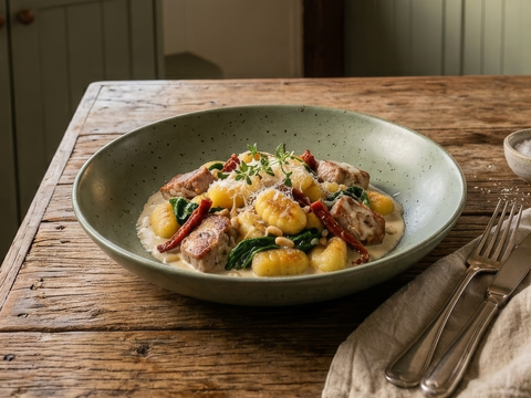 Creamy Tuscan Pork & Sun-Dried Tomato Gnocchi Bake