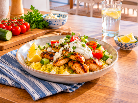 Greek Chicken Souvlaki Bowls with Lemon Rice & Feta