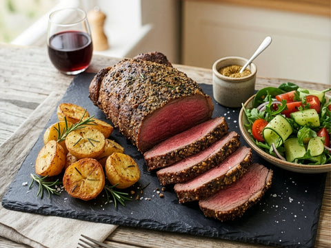 Oven-Roasted Striploin with A Mustard Herb Crust + Crispy Potatoes